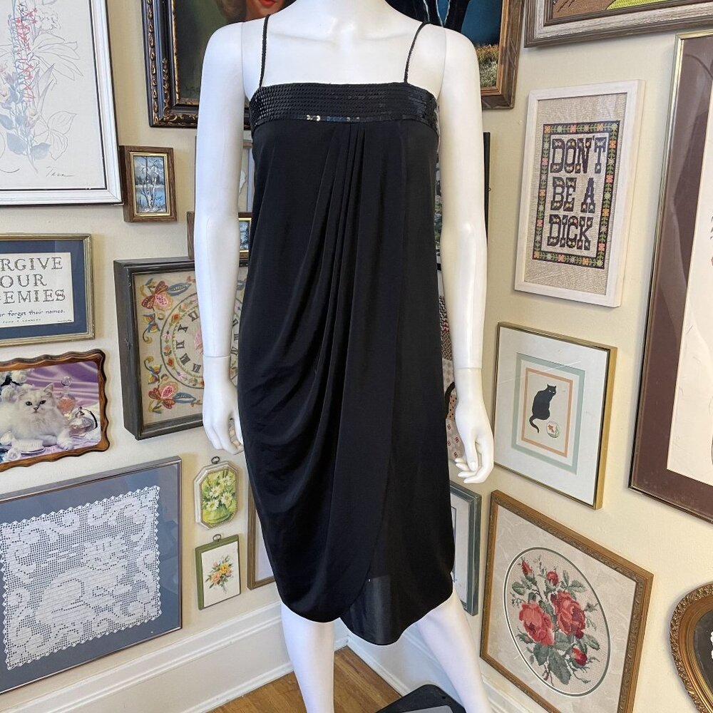 70's Vintage Black Sequin + Crepe Sheer Wrap Dress